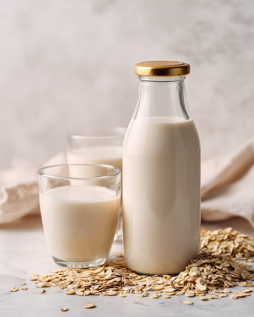 A clear glass bottle with a golden lid is filled with white oat milk, placed at the bottom center on a white marbled surface. Behind the bottle, there are two transparent glasses also filled with white oat milk, one slightly left and one right, positioned near scattered oat flakes spread in a loose trail going diagonally across the background. The overall setting is clean and bright with soft natural light, highlighting the creamy texture of the oat milk. photo taken with an iphone --ar 4:5 --v 7