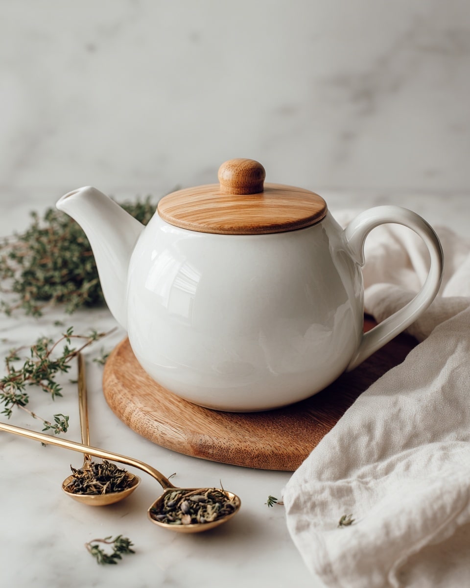 A white teapot with a wooden lid sits in the center of the image, placed on a soft white cloth that curves around the right side. Small green herb sprigs are scattered around the teapot on a white marbled surface. To the left, two gold measuring spoons hold dried herbs, adding a shiny contrast. The scene is bright and airy, with a clean and natural feel. photo taken with an iphone --ar 4:5 --v 7