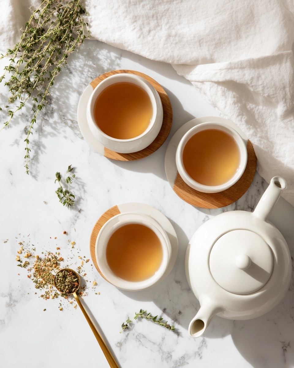 The image shows a white teapot with a wooden lid placed near the bottom right, wrapped partly in a soft white cloth. Above it, there are two white teacups with wooden saucers filled with light brown tea. The cups are positioned diagonally with some space between them. Around the cups and teapot, small sprigs of fresh green herbs are scattered, along with two golden measuring spoons holding dried herbs on the bottom left. The background is a white marbled surface with a soft textured look. photo taken with an iphone --ar 4:5 --v 7