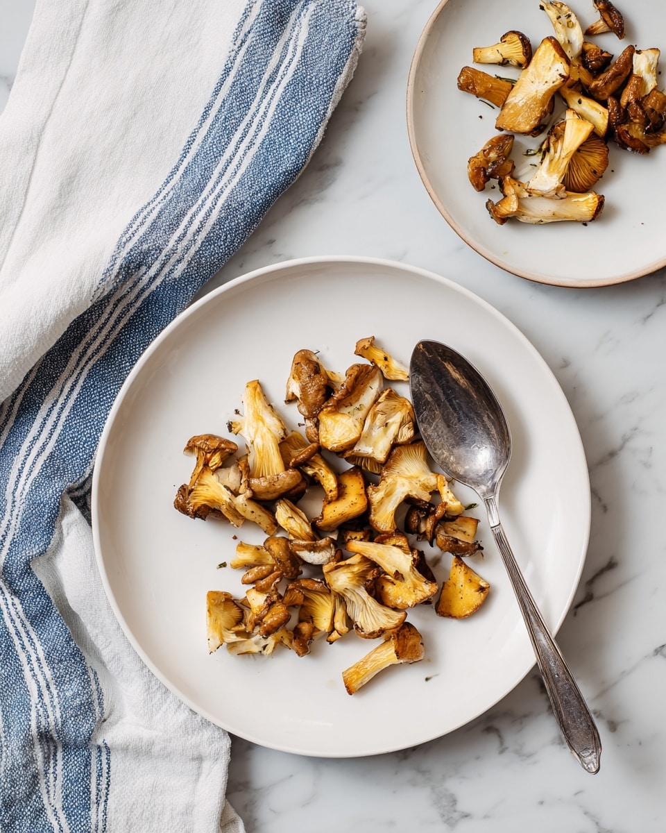 The image shows two plates on a white marbled surface, each with cooked mushrooms. One white plate at the top has a few golden-brown mushrooms with a shiny texture and a silver fork resting on the right side. The other larger white plate at the bottom, which has a blue center, is filled with many cooked mushrooms that have a soft, slightly crispy look with bits of green herbs sprinkled on top. A rustic silver serving spoon lies on the right side of this plate. White and blue striped cloths are placed around the plates, adding a soft texture to the scene. Photo taken with an iphone --ar 4:5 --v 7