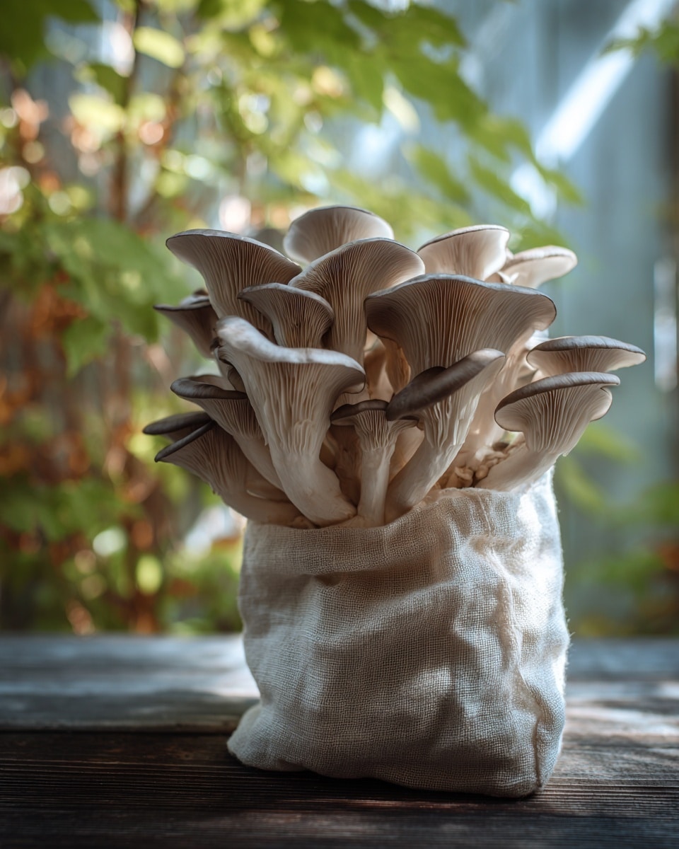 A cluster of oyster mushrooms growing from a white, textured bag is shown. The mushrooms have a layered structure with multiple trumpet-shaped caps, each cap having a smooth, light gray color that darkens slightly at the edges. The stems are thick and white, with some showing faint brown shading near the base. The background shows blurred greenery and sky with soft light filtering through leaves, and the surface under the bag is a dark wooden plank. photo taken with an iphone --ar 4:5 --v 7