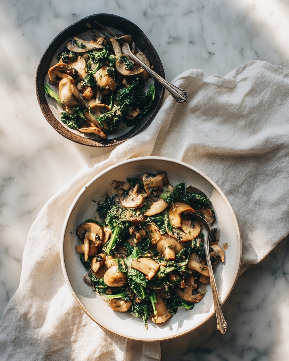 Two white plates with dark bowls inside hold a mix of light beige mushroom pieces and bright green kale leaves. The top plate has fewer mushrooms and kale, with a spoon resting in the bowl, and the bottom plate has a fuller serving with a large silver spoon inside. Both dishes sit on a white marbled surface with a crumpled white cloth nearby. The mushrooms have a soft, smooth texture, while the kale looks leafy and slightly wilted. photo taken with an iphone --ar 4:5 --v 7