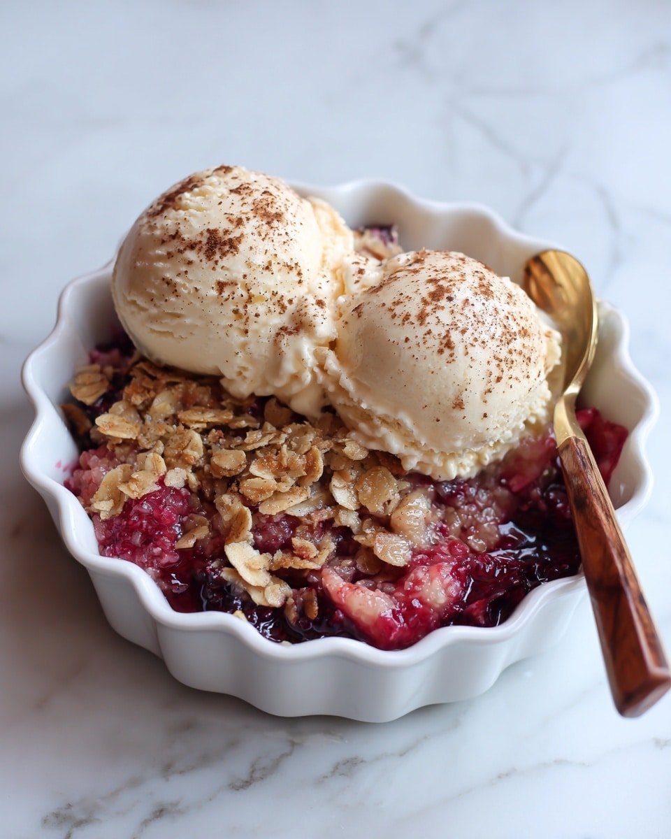 A scalloped white bowl holds a warm dessert with two main layers: the bottom layer is a mix of soft, pinkish-red cooked fruit pieces and beige, crumbly oat topping with a textured, slightly sticky look, and the top layer consists of two rounded scoops of creamy vanilla ice cream, sprinkled lightly with cinnamon. A silver spoon with a brown wooden handle is partially placed inside the bowl, resting on the dessert. The bowl is set on a white marbled surface. Photo taken with an iphone --ar 4:5 --v 7