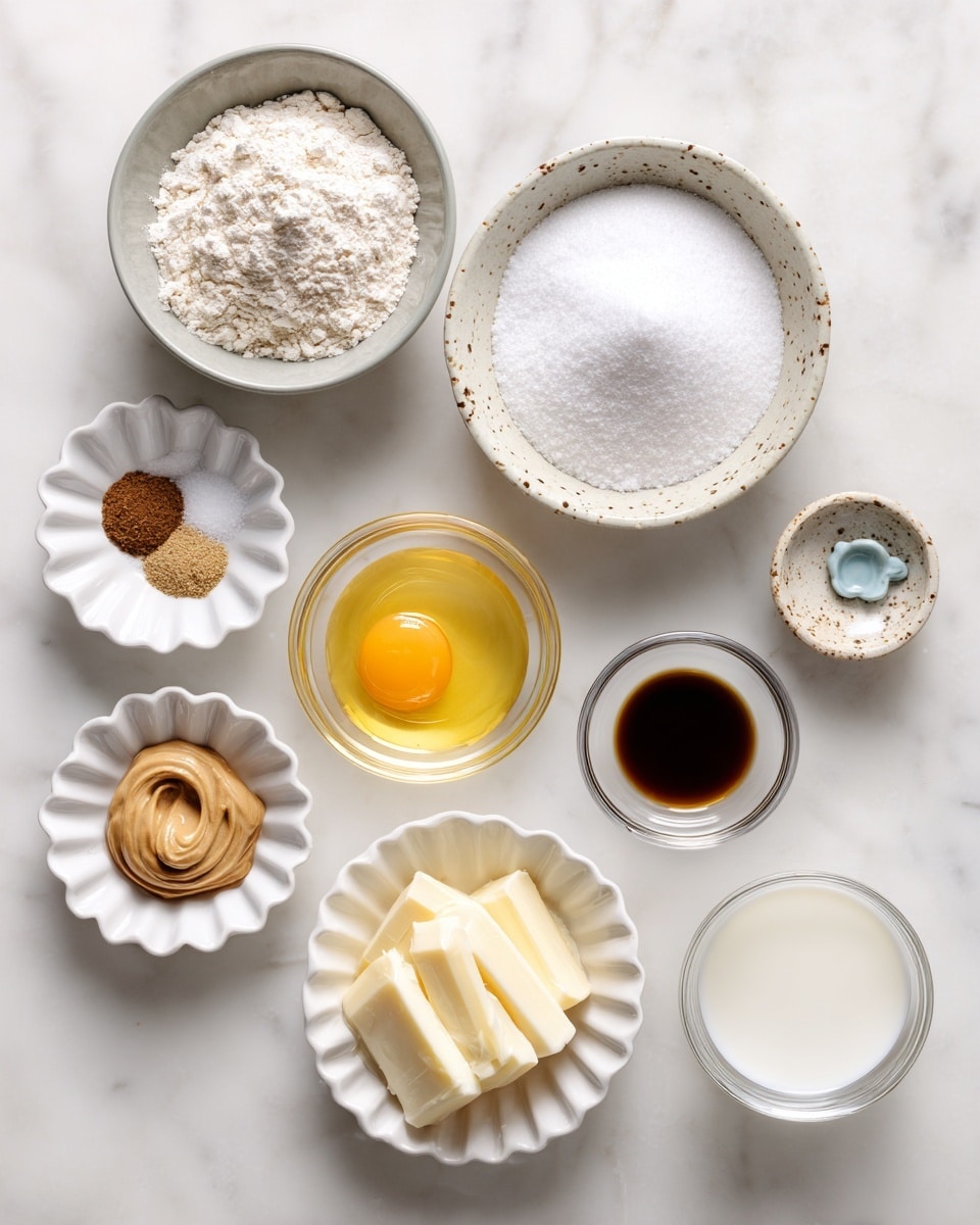 A top-down view of various baking ingredients arranged neatly on a white marbled surface. There are three small bowls on the top row filled with white powders—flour on the left in a light gray bowl, granulated sugar in the middle in a white bowl, and powdered sugar on the right in a white bowl with brown speckles. Below them, on the left, a small scalloped white bowl holds three spices, brown, white, and light beige. To the right is a clear glass bowl filled with melted yellow butter, followed by a small white scalloped bowl with a raw egg yolk sitting in translucent egg white. Next is a tiny white bowl filled with dark brown vanilla liquid. At the bottom row, from left to right, a small white bowl with creamy peanut butter, a clear glass of white milk, and a white bowl with sliced pale yellow butter with some blue decoration inside. Everything is well spaced and the image is bright and clean. Photo taken with an iphone --ar 4:5 --v 7