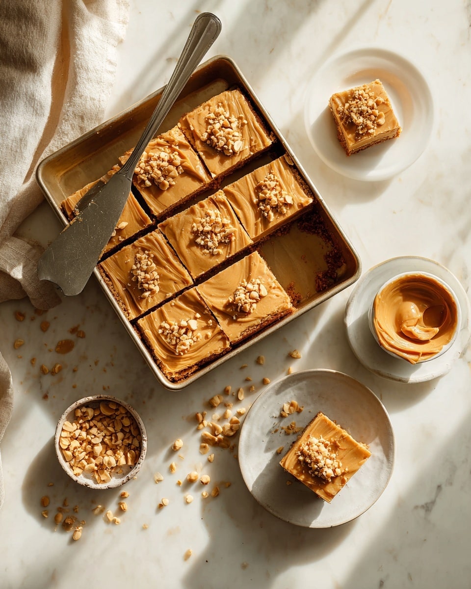 A white baking tray holds nine square pieces of smooth, light brown peanut butter bars with a soft texture, three of which have chopped peanuts sprinkled on top. One square is missing from the bottom right corner, and a silver serving spatula is placed under this empty space. To the top right, a single square is on a white plate, also topped with chopped peanuts. Surrounding the tray are small white dishes—one with peanut butter and one with chopped peanuts—and a creamy white jar, all set on a white marbled surface with a beige cloth partially visible in the lower right corner. photo taken with an iphone --ar 4:5 --v 7