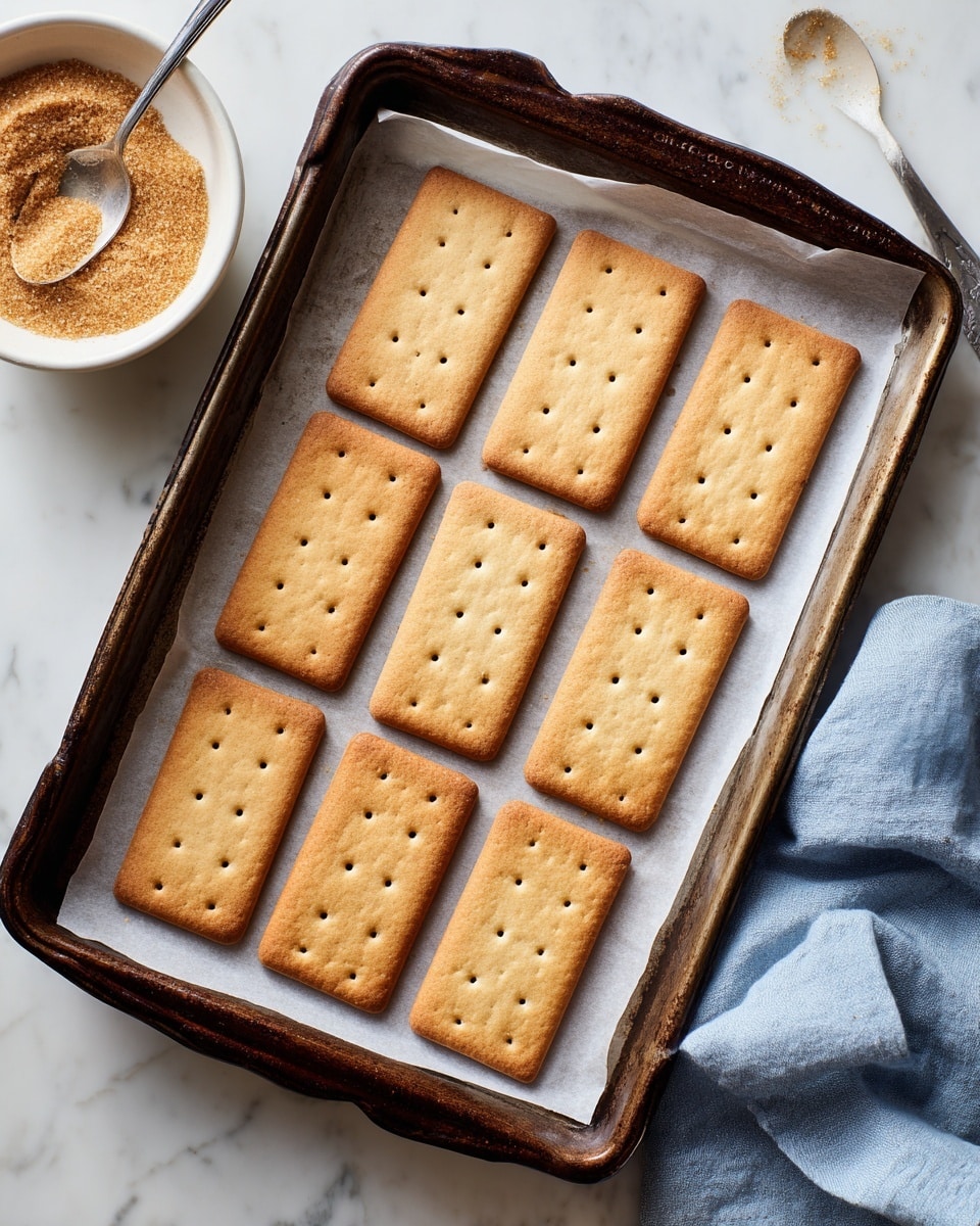 There are nine square ginger snap cookies on a baking sheet lined with parchment paper. Each cookie is light brown with small holes arranged evenly in three rows, and a faint line down the middle separates the cookie into two halves. The baking sheet is old with dark, worn edges, resting on a white marbled surface. To the top right, there is a white bowl filled with brown sugar and a spoon inside it, some sugar spilled to the left of the bowl. A light blue cloth is draped on the right side next to the sheet. Photo taken with an iphone --ar 4:5 --v 7
