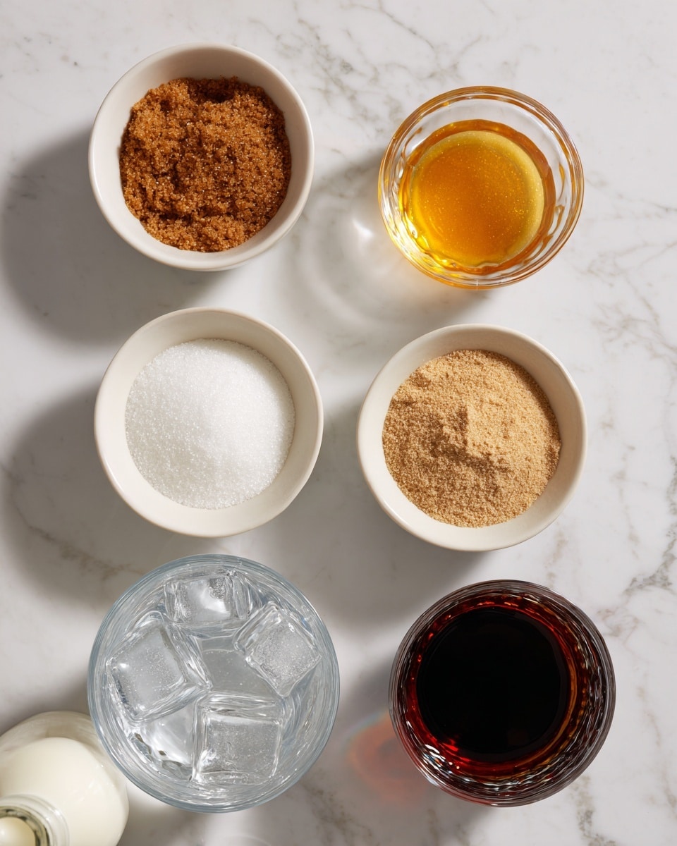 Six containers of ingredients are arranged in two top and bottom rows on a white marbled surface. The top row has three small white bowls with brown sugar on the left, golden honey in the middle, and light brown powder on the right. The bottom row has three glasses: a clear glass of water on the left, a glass filled with ice cubes in the middle, and a glass of dark liquid on the right. There is also a small bottle of white milk partly visible at the bottom left. photo taken with an iphone --ar 4:5 --v 7