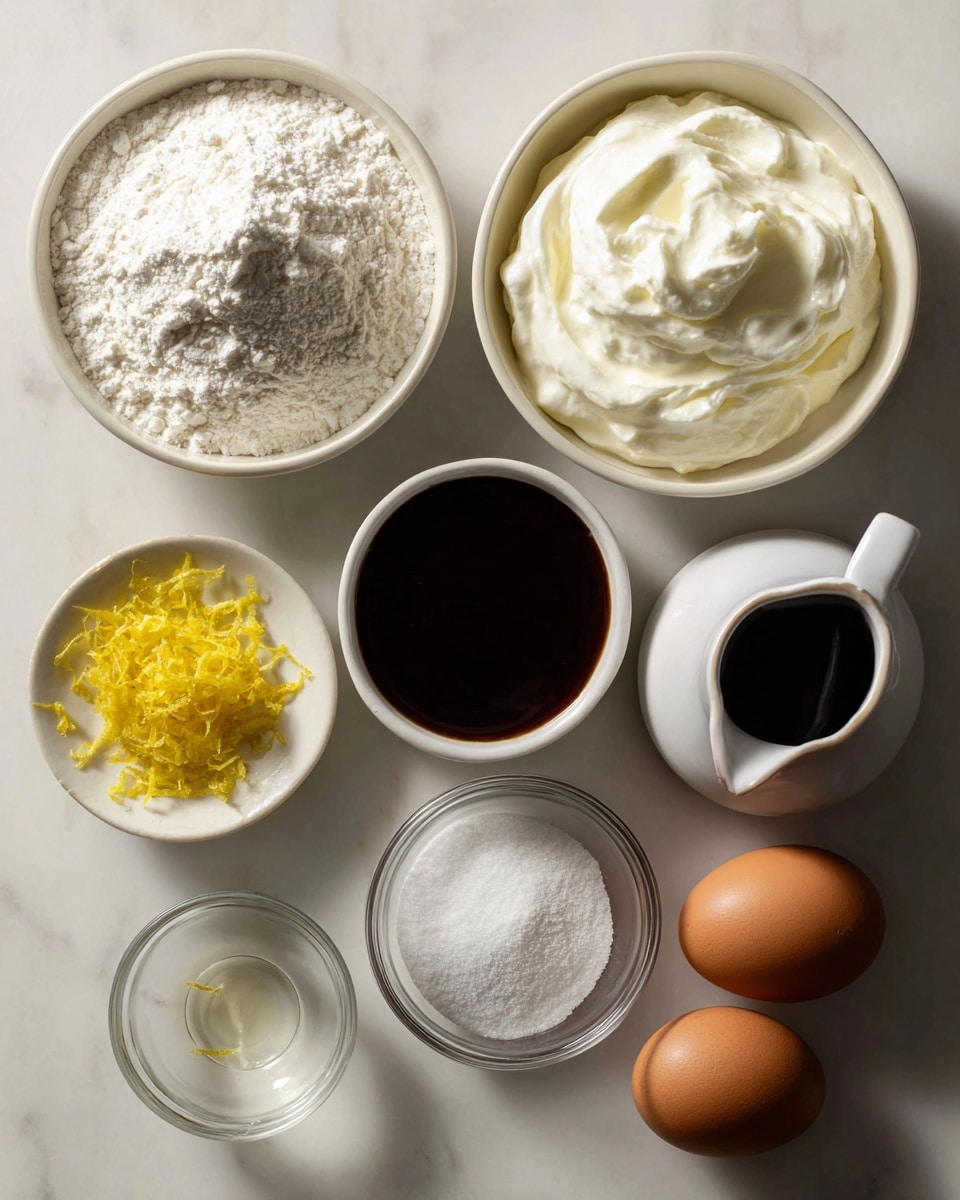 A white marbled surface holds nine small white bowls and three brown eggs arranged loosely in a horizontal line. From left to right, the first bowl is filled with fine white flour, the second bowl contains thick white yogurt-like cream, the third smaller bowl has dark brown liquid, possibly vanilla, and the fourth bowl is a white pitcher filled with white granulated sugar. Below them is a small white bowl with yellow lemon zest, a small round white bowl with white powder, and a glass bowl with a clear liquid. The three brown eggs are positioned between the cream bowl and sugar pitcher. The light is soft and natural, highlighting the textures of each ingredient clearly. Photo taken with an iphone --ar 4:5 --v 7