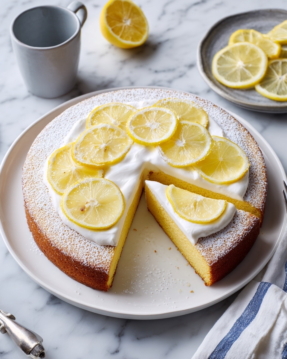 A fluffy yellow cake with four sliced pieces arranged, sitting on a white plate on a white marbled surface. The top half of the cake is dusted with powdered sugar and has a topping of smooth white cream spread on one side, decorated with translucent yellow lemon slices. Nearby, a small white bowl with more lemon slices and a light beige ceramic cup with cream on a white saucer are visible. A blue and white striped cloth lies below the plate with two silver forks beside it. Photo taken with an iphone --ar 4:5 --v 7