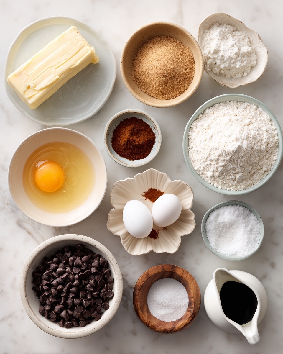 A flat lay image of baking ingredients arranged on a white marbled surface, including a stick of butter with a smaller piece on a white plate at the top left; next to it, a beige bowl filled with light brown sugar; a white bowl filled with white flour on the top right. Below these are two small white bowls with one holding an egg yolk and the other a cracked egg with visible yolk and white. Around them are smaller dishes including white granulated sugar, baking powder and baking soda on a flower-shaped dish, salt in a small wooden bowl, cinnamon powder in a small white bowl, and a small white pitcher with dark vanilla extract. At the bottom right, there is a white bowl filled with dark brown chocolate chips. Photo taken with an iphone --ar 4:5 --v 7