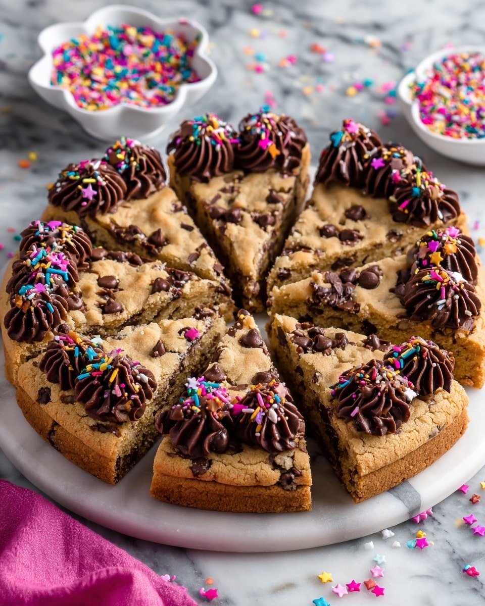 The image shows a large round cookie cake cut into eight triangle slices on a white marbled surface. The cookie cake has a light golden-brown color with large, dark chocolate chips spread all over the top. Each slice has thick, dark chocolate frosting piped along the outer edge, decorated with colorful round and cylindrical sprinkles. In the background, there is a white scalloped bowl filled with more multicolored sprinkles. The photo taken with an iphone --ar 4:5 --v 7