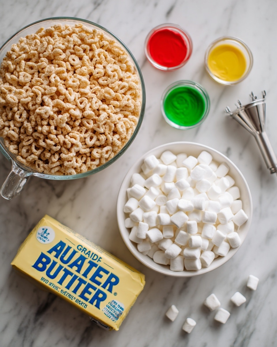 A white bowl full of small white marshmallows sits on a white marbled surface in the lower right corner, next to scattered marshmallows and a yellow wrapped stick of butter labeled