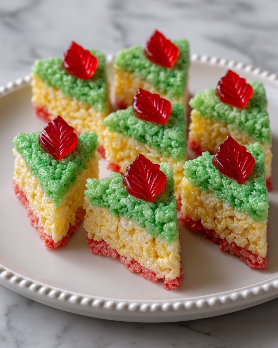 The image shows eight triangular shaped treats, arranged on a large white oval plate sitting on a white marbled surface. Each triangle has a base layer of puffy textured cereal colored bright green, with a smaller band of yellow cereal near the top portion of the triangles. On top of each treat, slightly off-center near the lower half, there is a red candy shaped like a leaf, adding sharp color contrast. The triangles vary slightly in size but keep the same green and yellow layered pattern with the red candy decoration. The photo taken with an iphone --ar 4:5 --v 7