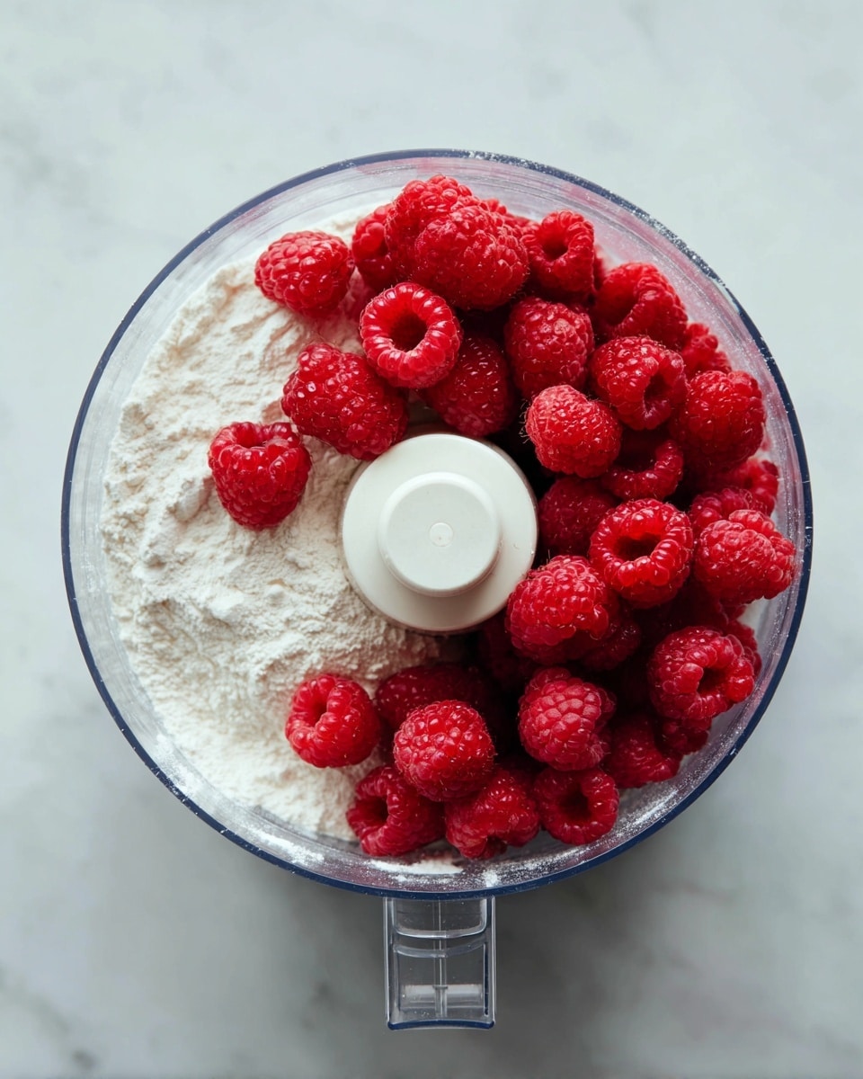 A clear food processor container with a white blade inside holds two main layers. The bottom layer is a fine white powder that covers the base evenly. On top of this, a pile of bright red raspberries rests concentrated mostly on one side, showing their textured, bumpy surface. The container sits on a white marbled surface with no other items around. Photo taken with an iphone --ar 4:5 --v 7