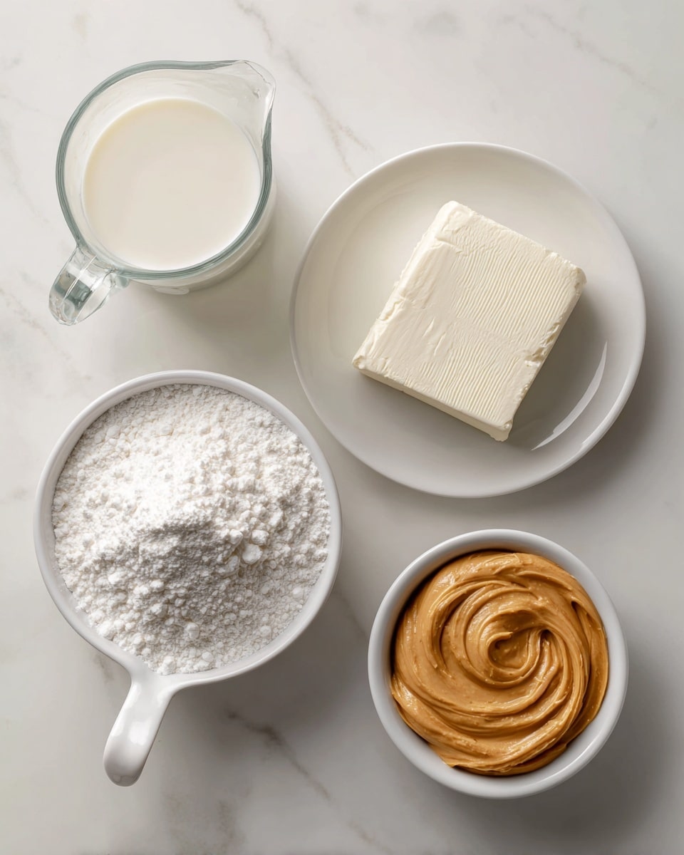 The image shows four separate ingredients placed on a white marbled surface. On the top left, there is a clear glass measuring cup filled with white milk. To the right of it, there is a white plate holding a slab of smooth, soft white cream cheese. At the bottom left, there is a white bowl with a handle, filled with fine white powdered sugar, which has a powdery and slightly uneven top surface. On the bottom right, there is a small white bowl filled with creamy, smooth peanut butter, swirled in a circular pattern. The setup is simple and clean, with all elements neatly spaced. photo taken with an iphone --ar 4:5 --v 7