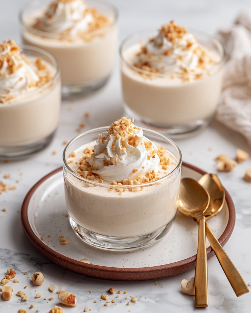 The image shows small clear glass bowls filled with smooth, pale beige pudding. Each bowl has one layer of creamy pudding topped with a dollop of white whipped cream. On top of the whipped cream, there are small scattered light brown nut pieces. The bowls are placed on a white marbled surface, one resting on a round white plate with a thin brown edge. Two gold-colored spoons lie next to the bowl on the plate. Some nut pieces are scattered on the white marbled background around the bowls. Photo taken with an iphone --ar 4:5 --v 7