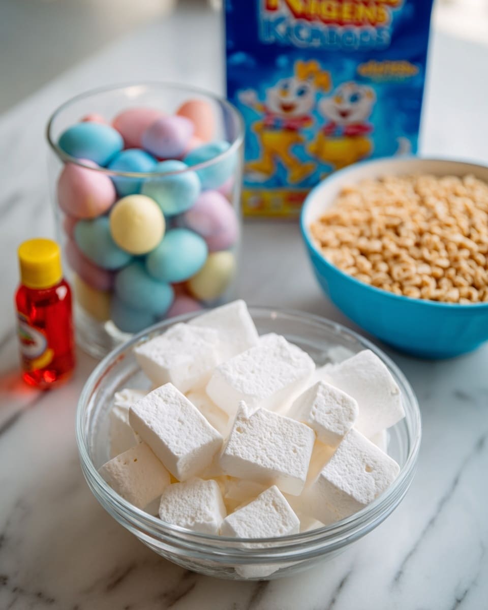 The image shows a container filled with large white chunks of marshmallow in the front, placed on a white marbled surface. Behind it, slightly blurred, there is a blue bowl filled with light brown puffed rice cereal on the right side. In the middle, a clear glass is filled with colorful candy-coated eggs in pastel shades of blue, pink, yellow, and white. Behind the glass, there is a blue box of Kellogg's Rice Krispies cereal with cartoon characters on it. A small bottle with a yellow cap and red liquid inside is also visible near the center on the white marbled surface. photo taken with an iphone --ar 4:5 --v 7