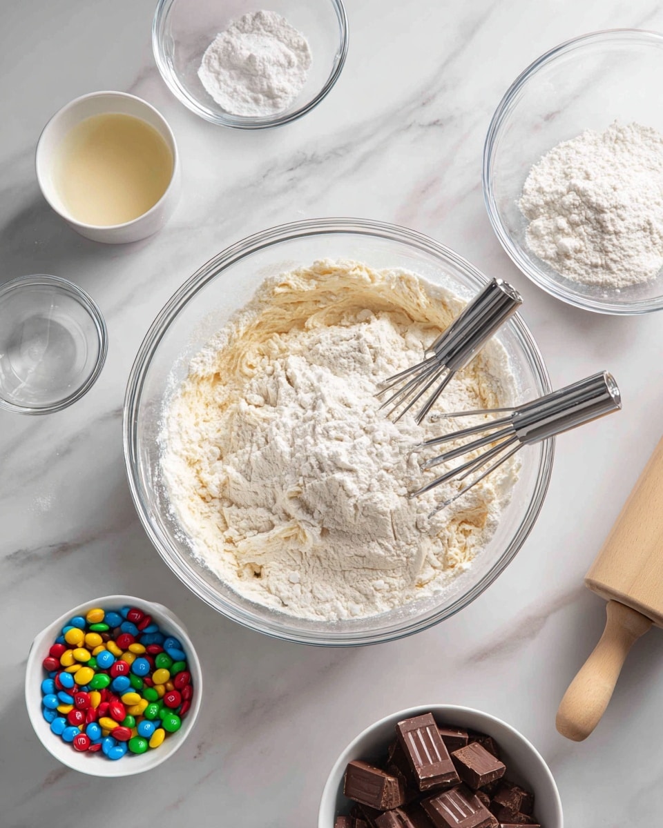 A large clear glass bowl sits in the center on a white marbled surface, filled halfway with a pale creamy batter topped with a heap of white flour, with two metal beaters resting inside. Surrounding it are smaller white bowls, one empty with some batter residue, one with a small amount of white powder, another filled with colorful M&M candies, and a white bowl filled with chunks of chocolate candy bars. Two clear glass bowls are also present, one larger and one smaller. A rolling pin with a light wood color is partially visible at the edge on the right side. The overall scene shows an organized baking setup from a top-down view. Photo taken with an iphone --ar 4:5 --v 7