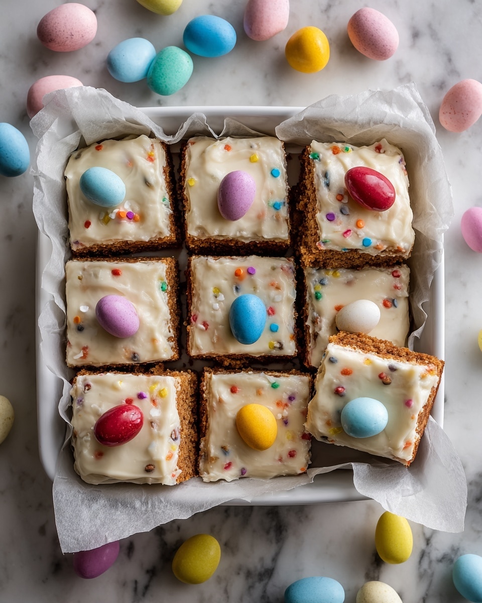 The image shows a white square baking dish with nine square pieces of a dessert inside. Each piece has two layers: a light brown base and a thick, creamy top layer speckled with small blue, pink, and red bits. On top of each piece are colorful speckled candy eggs in yellow, pink, blue, and white, some of which are split open to show a creamy inside. The edges of the white baking dish are lined with light brown parchment paper. The dish sits on a white marbled surface with scattered candy eggs around it. Photo taken with an iphone --ar 4:5 --v 7