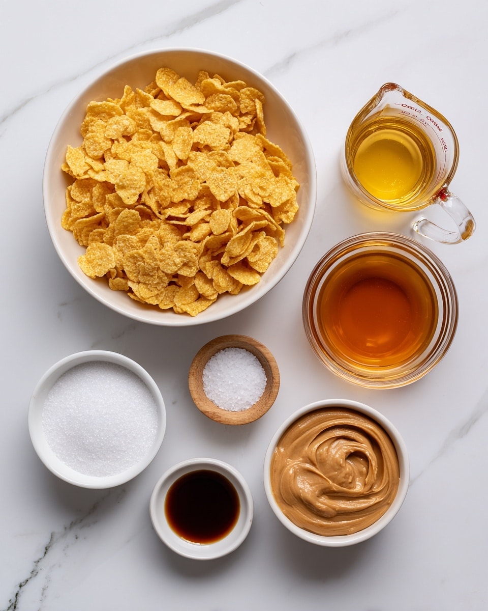 The image shows six white bowls and small containers with different ingredients placed on a white marbled surface. The largest bowl on the left side is full of golden yellow cornflakes with a crunchy texture. To the right of it, there is a clear glass measuring cup filled with golden honey. Below the honey, a white bowl contains smooth, light brown peanut butter spread evenly. In the middle, a tiny wooden bowl holds a small amount of white coarse salt. On the bottom left, there is a white bowl filled with fine white sugar. To the right of the sugar, a small white bowl contains dark amber vanilla extract. All the containers have clean and simple shapes, the scene is brightly lit, and everything is neatly arranged. Photo taken with an iphone --ar 4:5 --v 7