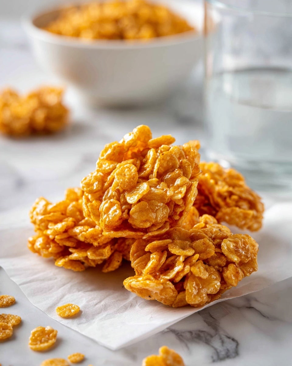 Several clusters of crunchy cornflake treats are piled on white parchment paper on a white marbled surface. Each cluster is golden yellow with a shiny, sticky texture, made up of many cornflake pieces tightly stuck together, forming uneven, bumpy shapes. To the right, part of a white bowl filled with loose cornflakes is visible, with a few cornflakes scattered around it. In the background, there is a blurred glass of milk and a white cup. Photo taken with an iphone --ar 4:5 --v 7