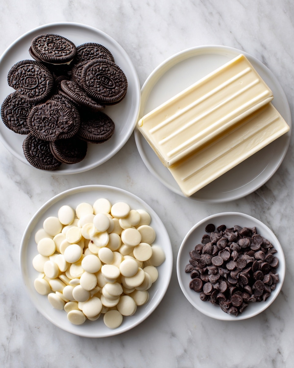 A flat lay image shows four separate white plates on a white marbled surface. The top left plate holds a pile of whole chocolate sandwich cookies with dark, textured surfaces. The top right plate holds a rectangular block of smooth cream cheese with small soft ridges. The bottom left plate holds a mound of small, shiny white chocolate discs with a smooth texture. The bottom right plate contains a small pile of dark chocolate chips with a glossy finish. Photo taken with an iphone --ar 4:5 --v 7