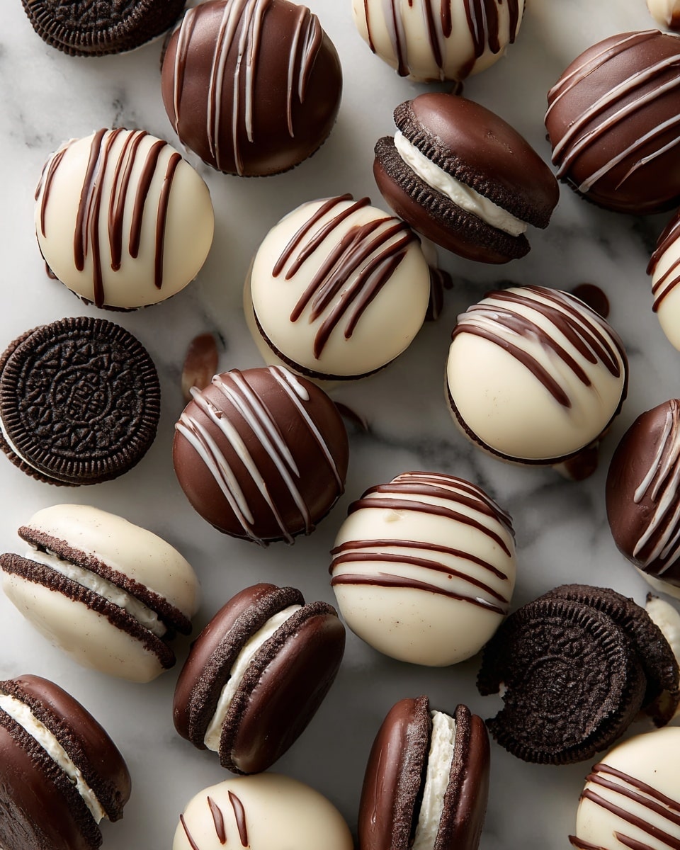 The image shows a mix of round truffles and sandwich cookies arranged closely together on a white marbled surface. The truffles have two main colors: smooth white chocolate and rich milk chocolate, each drizzled with swirls of matching chocolate on top, giving a layered texture look. The sandwich cookies are dark brown with a white cream center, some whole and some slightly opened showing the cream. The truffles and cookies are placed randomly, creating a contrast of dark and light colors with a smooth and ridged texture mix. photo taken with an iphone --ar 4:5 --v 7