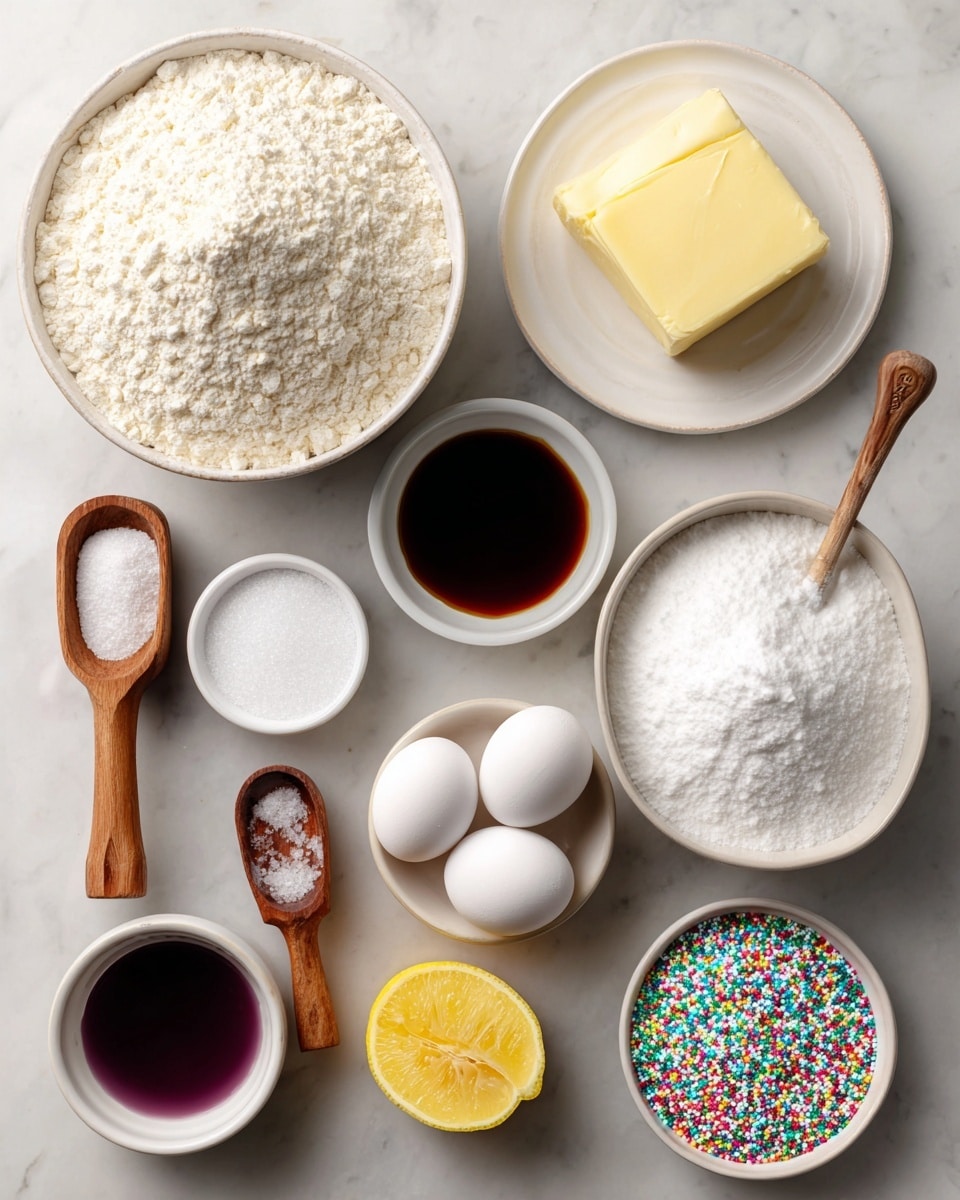 The image shows baking ingredients neatly placed on a white marbled surface. On the top row from left to right, there is a large bowl filled with white flour with a slightly rough texture, a white plate holding a solid pale yellow stick of butter and a small bowl of dark brown vanilla extract, then another large bowl filled with bright white powdered sugar that looks soft and fluffy. Below them, from left to right, there is a smaller bowl of granulated white sugar, two wooden measuring spoons with white powder inside, two smooth white eggs side by side, half a yellow lemon with visible pulp, and three small white bowls; one with a dark purple liquid, one with a dark brown liquid, and the last one filled with colorful sprinkles in shades of pink, green, yellow, and white. The layout is clear and organized, emphasizing the variety of textures and colors in the ingredients. Photo taken with an iphone --ar 4:5 --v 7