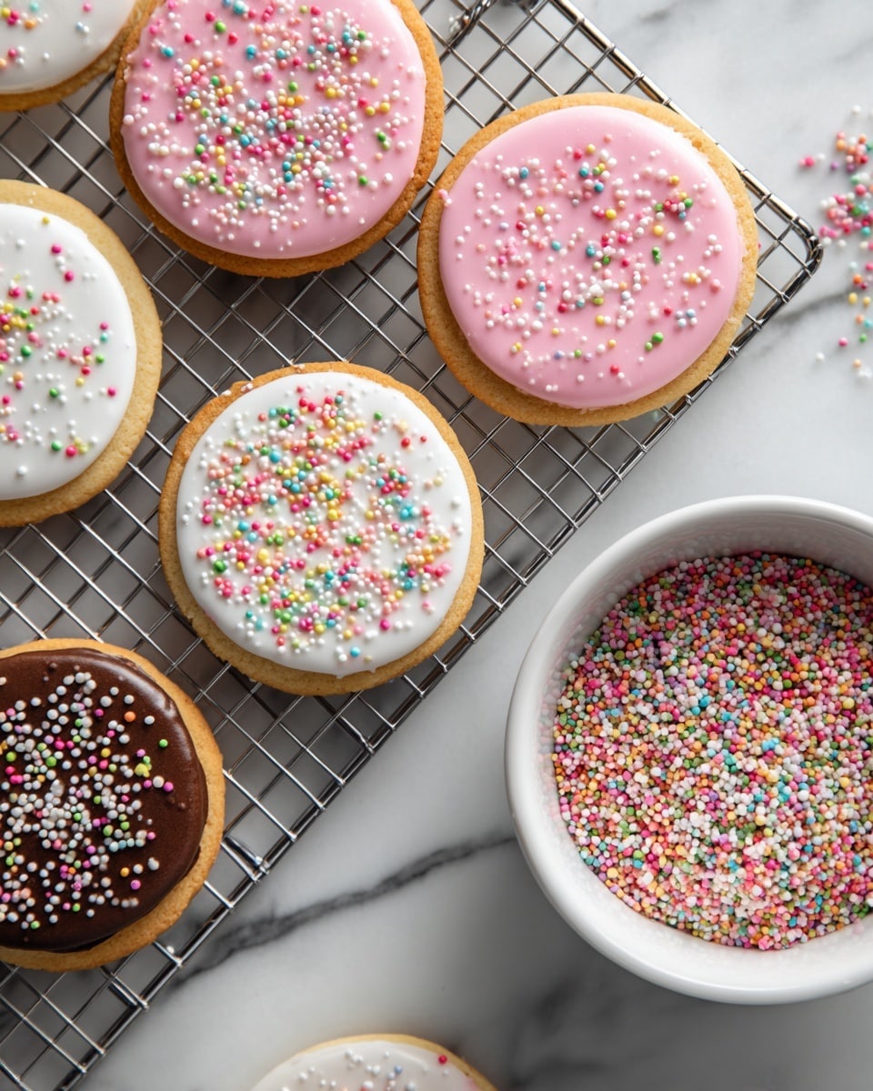 A close-up of several round cookies with a hole in the middle, each cookie has a base layer of light golden brown dough, topped with a thick wavy layer of icing in three colors: bright pink, white, or light brown; colorful small sprinkles are scattered unevenly on top of each icing layer, adding red, green, blue, purple, orange, yellow, and white accents. The cookies sit on a metal cooling rack on a white marbled surface. To the right, a white bowl filled with more colorful sprinkles is partly visible. The image has bright, natural lighting and a sharp focus on the cookies in the center. photo taken with an iphone --ar 4:5 --v 7