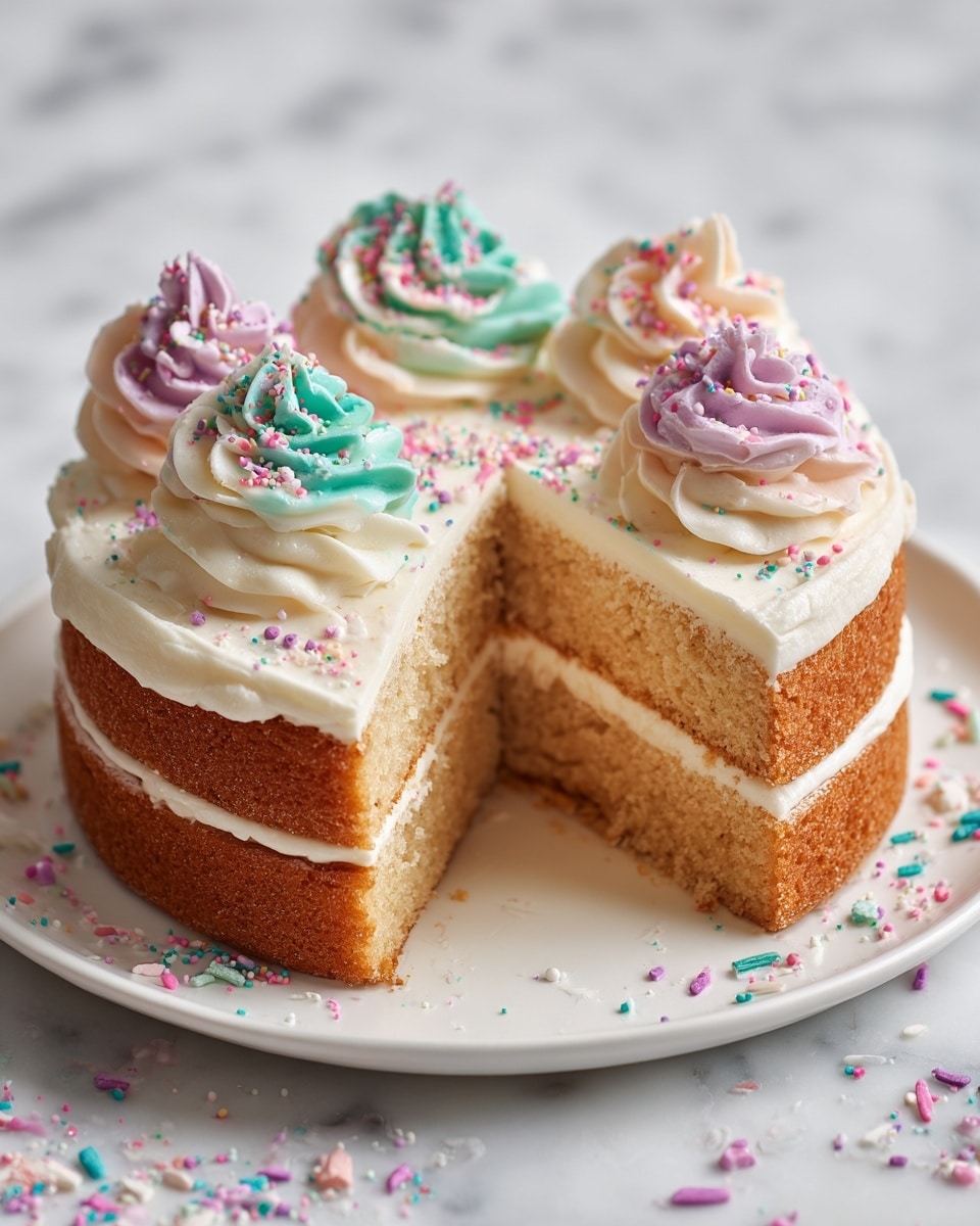 A two-layer round cake with light brown sponge layers separated by a thick white cream layer in the middle. The outside is fully covered with smooth white cream frosting. On top, there are three swirls of white cream frosting evenly spaced around the edge, each decorated with small round sprinkles in pink, purple, blue, and white. The cake sits on a white plate, and there are colorful round confetti sprinkles scattered around on the plate and white marbled surface. One slice is missing, showing the inside layers clearly. Photo taken with an iphone --ar 4:5 --v 7