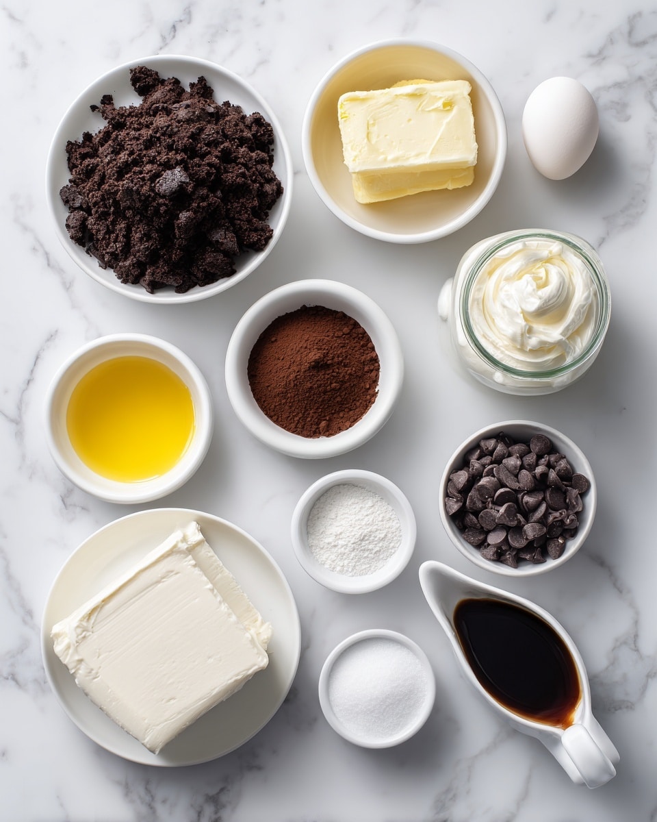 A flat lay photo shows eleven small white bowls placed on a white marbled surface. The largest bowl at the top left is filled with dark brown chocolate cookie crumbs, with a rough texture. Next to it, a small white bowl contains bright yellow melted butter. To the right, a small glass jar holds white cream. Below these, there is a small white bowl with dark brown cocoa powder, next to a similarly sized bowl with shiny, thick black syrup. On the right side, a white bowl with a spout is filled with dark chocolate chips that have a smooth, slightly shiny surface. At the bottom left, a white plate holds a large block of smooth white cream cheese. Next to it is a small spouted bowl filled with fine white sugar. To the right, a small white bowl holds a single white egg with a smooth shell. Lastly, in the bottom right corner, there is a small white bowl with dark brown vanilla extract. The bowls and plate are arranged in a neat grid, showing all ingredients clearly. Photo taken with an iphone --ar 4:5 --v 7