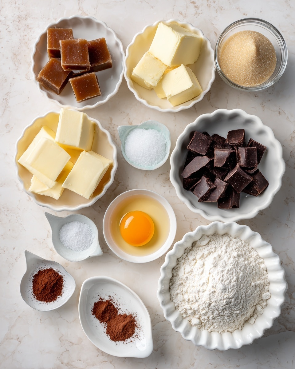 The image shows several small white bowls arranged on a white marbled surface, each holding a different baking ingredient. There are caramel-colored fudge pieces in one bowl, six cubes of pale yellow butter in another, and light brown sugar in a clear glass bowl on the top right. Below these, a white bowl holds dark chocolate chunks, and next to it, a small bowl contains an orange egg yolk. There is a scalloped white bowl with white granulated sugar to the right of the yolk. Two small white dishes at the bottom left have baking powder, cocoa powder, and cinnamon, and a small oval white bowl to the bottom right holds a small amount of vanilla extract. Finally, the bottom right corner displays a white bowl filled with white flour. The whole setup rests on a white marbled surface with soft, natural lighting. photo taken with an iphone --ar 4:5 --v 7