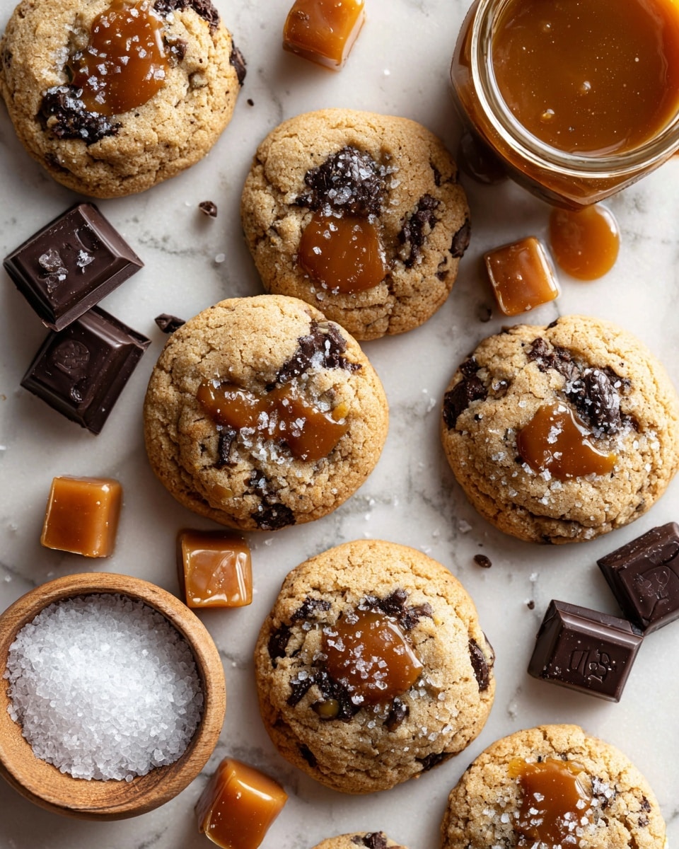 A close-up view of seven round cookies with a golden-brown color and a soft texture, each cookie topped with uneven dollops of light caramel and sprinkled with small salt flakes. There are bits of dark chocolate mixed inside the cookies. Around the cookies, there are small chunks of caramel and dark chocolate pieces placed on a white marbled surface, along with a small wooden bowl filled with salt flakes and a small jar of caramel sauce in the top right corner. photo taken with an iphone --ar 4:5 --v 7