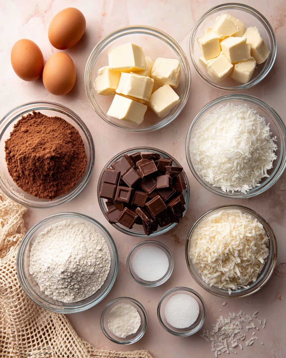 The image shows several clear glass bowls and containers arranged on a light pink surface (which will be changed to white marbled texture). There are two whole brown eggs at the top left, a bowl with light yellow butter cubes on the top right, a small bowl with white sugar near the butter, and a medium bowl filled with smooth dark chocolate disks in the center. Surrounding these are bowls containing light brown sugar, fine white flour, shredded white coconut, and light beige round nuts. There are also three tiny glass bowls with white baking soda, salt, and baking powder near the bottom, with some loose coconut flakes sprinkled around. A woman's hand holding a beige woven net bag is visible in the lower left corner. The photo taken with an iphone --ar 4:5 --v 7