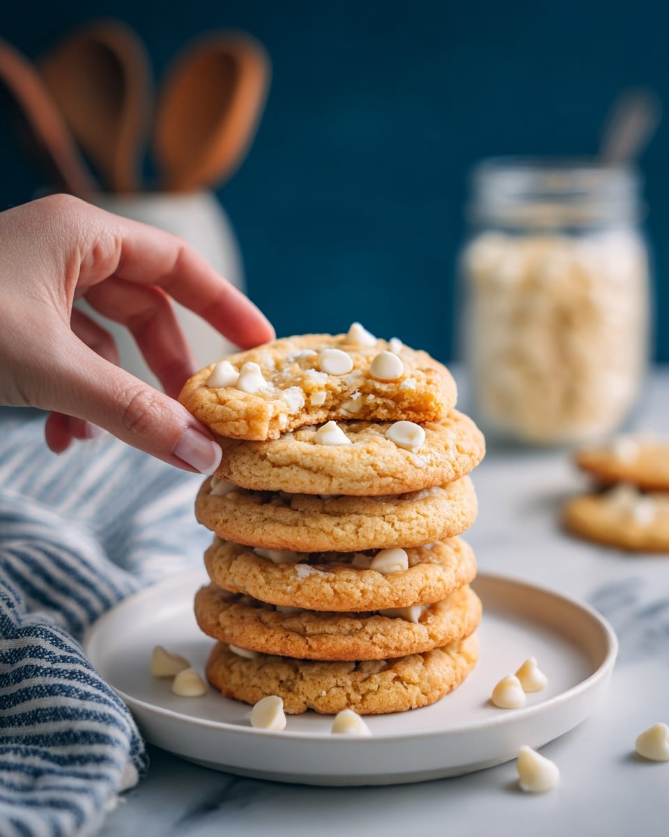 A stack of six light golden cookies with white chocolate chips unevenly spread on top is placed on a round white plate, each cookie showing a slightly cracked, soft texture. A woman's hand is picking up the top cookie. Next to the plate is a jar filled with white chocolate chips and a spoon inside. A whisk and a rolling pin are blurred in the dark background. A white and gray striped cloth lies on a white marbled surface in front of the plate. The whole scene looks warm and cozy. photo taken with an iphone --ar 4:5 --v 7