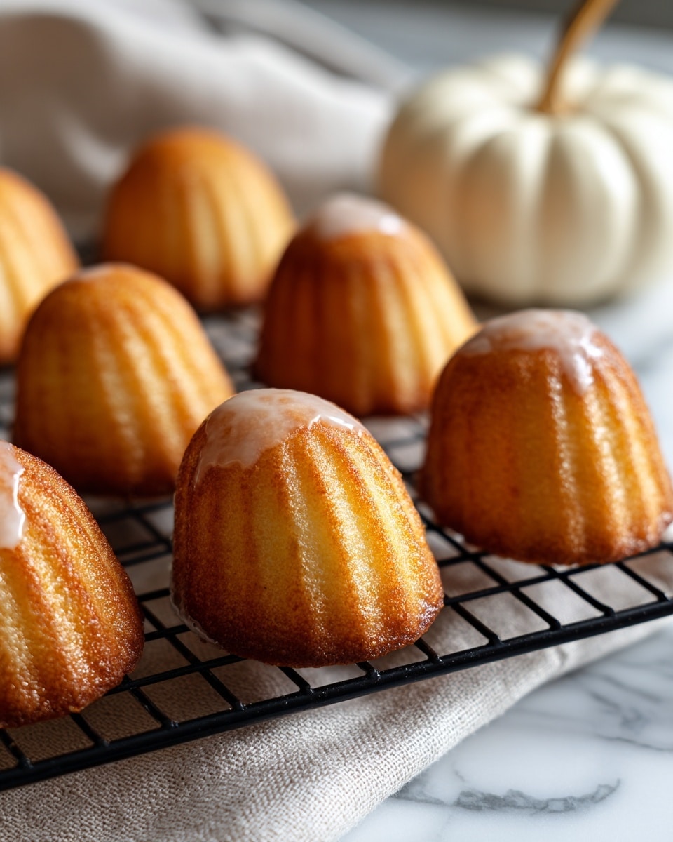 A group of golden brown madeleines with a light glaze drizzled on top rest on a black wire cooling rack, each madeleine shaped like a small shell with ridged texture and slightly browned edges. The rack sits on a white marbled surface, and a light gray fabric is draped underneath part of the rack. In the background, a white pumpkin adds a soft seasonal touch to the scene. The lighting highlights the texture and warm color of the madeleines, showing the contrast between the glossy glaze and the matte cake below. photo taken with an iphone --ar 4:5 --v 7