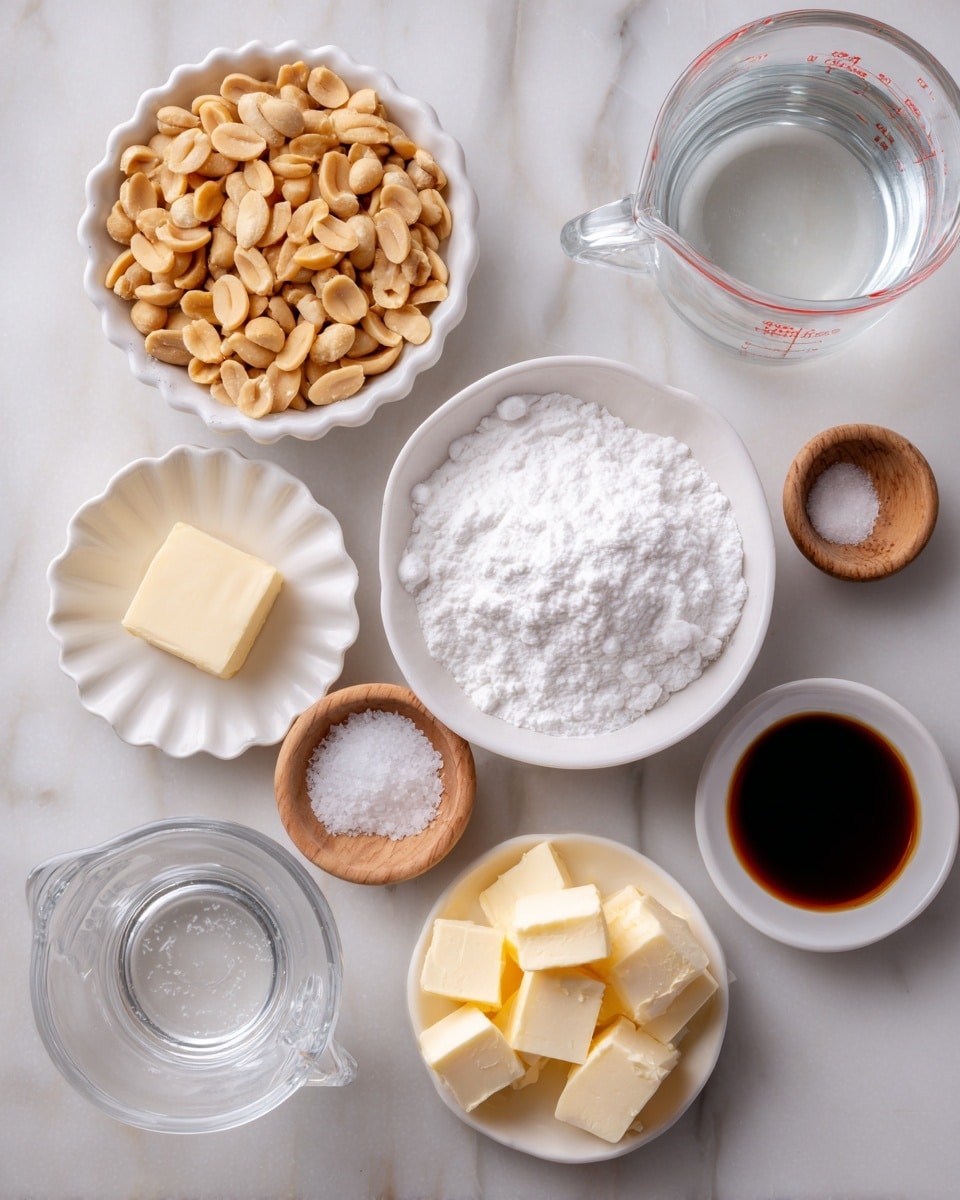 The image shows several small white bowls and clear measuring cups arranged on a white marbled surface. One bowl holds light golden peanuts, another is filled with white granulated sugar. There is a small white scalloped bowl with white powder and a tiny wooden bowl with coarse salt. A clear glass measuring cup with water and a white bowl with pale yellow butter cubes are also present. Additionally, there is a small white bowl with dark brown liquid that looks like vanilla or soy sauce. Photo taken with an iphone --ar 4:5 --v 7