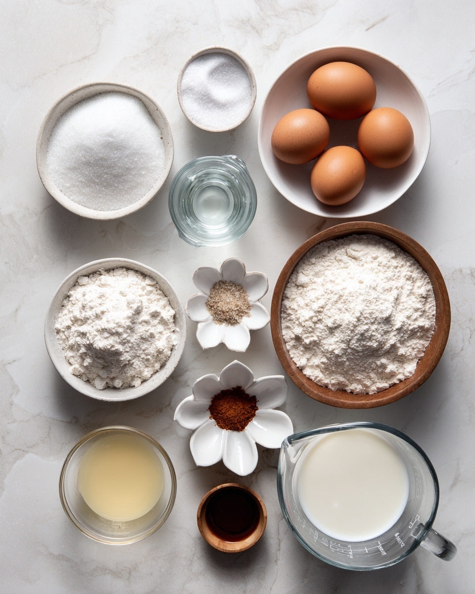 The image shows a white marbled surface with nine containers holding different baking ingredients arranged in a loose grid. At the top left, a small white bowl is filled with white granulated sugar. In the middle top, a clear glass measuring cup holds a white liquid. To the right, a white bowl contains five brown eggs. Below the sugar, a white bowl with a brown rim is filled with white flour. Toward the center bottom, a small white flower-shaped dish holds white and brown powders. Next to it, a small white bowl has a dark brown liquid. Below that, a tiny wooden bowl contains a small amount of white salt. At the bottom right, a larger clear glass measuring jug is filled with a white creamy liquid. Near the bottom left, a clear round bowl holds a pale yellow liquid. The containers and ingredients are evenly spaced on the smooth white marbled background. Photo taken with an iphone --ar 4:5 --v 7