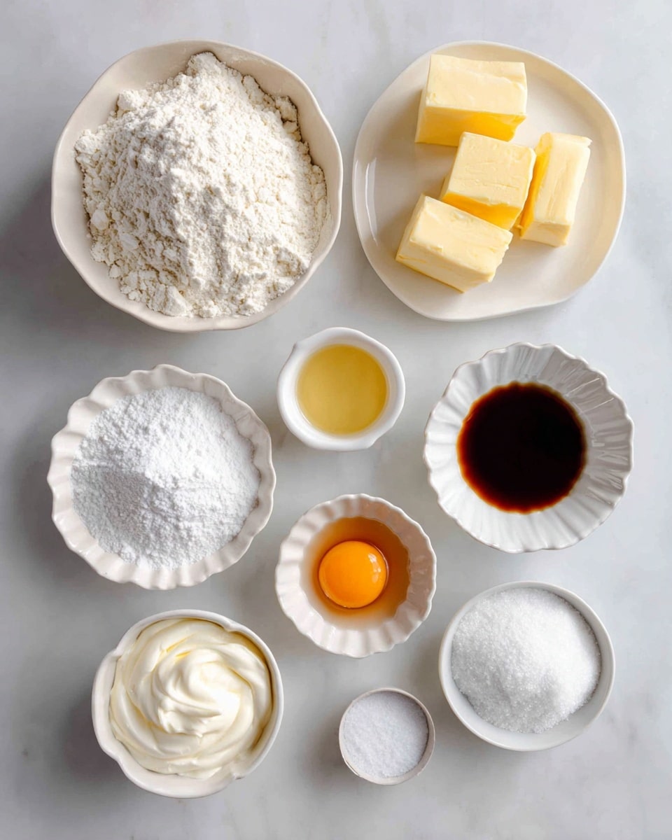 The image shows eight white dishes arranged on a white marbled surface, each holding a different baking ingredient. The largest dish on the left holds a heap of white flour with a rough texture. To its right, a simple round white plate contains four square pieces of pale yellow butter. Below the butter, a small round white bowl features dark brown vanilla extract with a smooth liquid shine. Next to it, a small scalloped white bowl filled with thick light cream. At the bottom left, a bowl holds fine white powdered sugar with a soft texture. To its right, a round white dish holds a single raw egg yolk showing a shiny vibrant orange-yellow color. At the top right, a bowl holds white granulated sugar with a grainy texture. The smallest bowl on the bottom right contains a small amount of white salt with a coarse texture. The photo has soft natural light and a clean look. Photo taken with an iphone --ar 4:5 --v 7