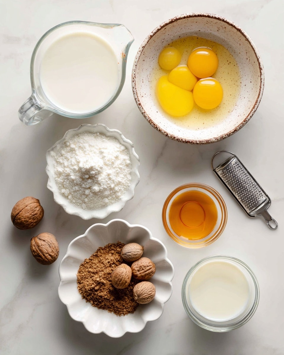 A flat lay of seven containers with various cooking ingredients arranged neatly on a white marbled surface. At the top left is a clear glass measuring cup filled with white milk. To its right, a white bowl holds two bright yellow egg yolks. Further right, there is a white bowl with brown speckled rims containing a clear yellow liquid, likely melted butter. Below the milk, there is a rough-textured white bowl filled with granulated white sugar. Next to it, a scalloped white dish contains ground brown nutmeg with two whole nutmegs and a small silver grater on the side. To the right of this, a clear small measuring cup is filled with a bright amber liquid. Finally, at the bottom right, another clear glass measuring cup holds cream or a thick white liquid. The overall layout is simple and clean with soft lighting. Photo taken with an iphone --ar 4:5 --v 7