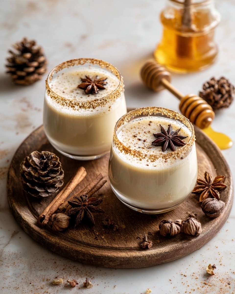 Two creamy yellow drinks fill two clear glasses, each having a sugar rim with a light brown spice coating. On top of the smooth drink layer, light brown spices are sprinkled and a dark brown star-shaped spice is placed near the side in each glass. The glasses rest on a round wooden board surrounded by multiple dark brown pine cones and cinnamon sticks, along with a golden honey dipper with honey. The background is a white marbled surface. Photo taken with an iphone --ar 4:5 --v 7