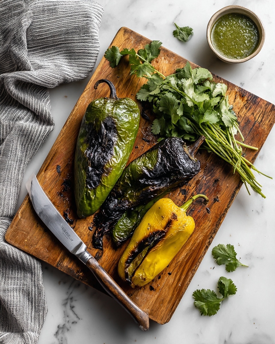 The image shows two photos side by side on a wooden board with a metal knife placed horizontally beside the peppers. On the left side, there are two roasted green peppers covered with black burnt skin and some charred bits scattered around. On the right side, one of the peppers has been peeled halfway, revealing the smooth yellow-green flesh underneath. On the top of the board, a small bunch of cilantro leaves and part of a green sauce in a small bowl are visible. The wooden board is placed on a white marbled surface with a gray striped cloth on the upper left corner of the image. photo taken with an iphone --ar 4:5 --v 7