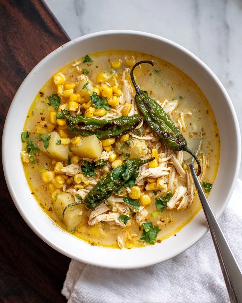 A white bowl on a white marbled surface holds a chicken and vegetable soup with several layers visible: at the bottom, a clear broth with small pieces of yellow corn and green herbs; in the middle, shredded white chicken and larger chunks of light yellow potatoes; and on top, a few pieces of charred green peppers and fresh green cilantro leaves sitting near the edge. A silver spoon stands upright in the bowl, and there is a white cloth napkin to the right side. Another white bowl with more soup is blurred in the background. Photo taken with an iphone --ar 4:5 --v 7