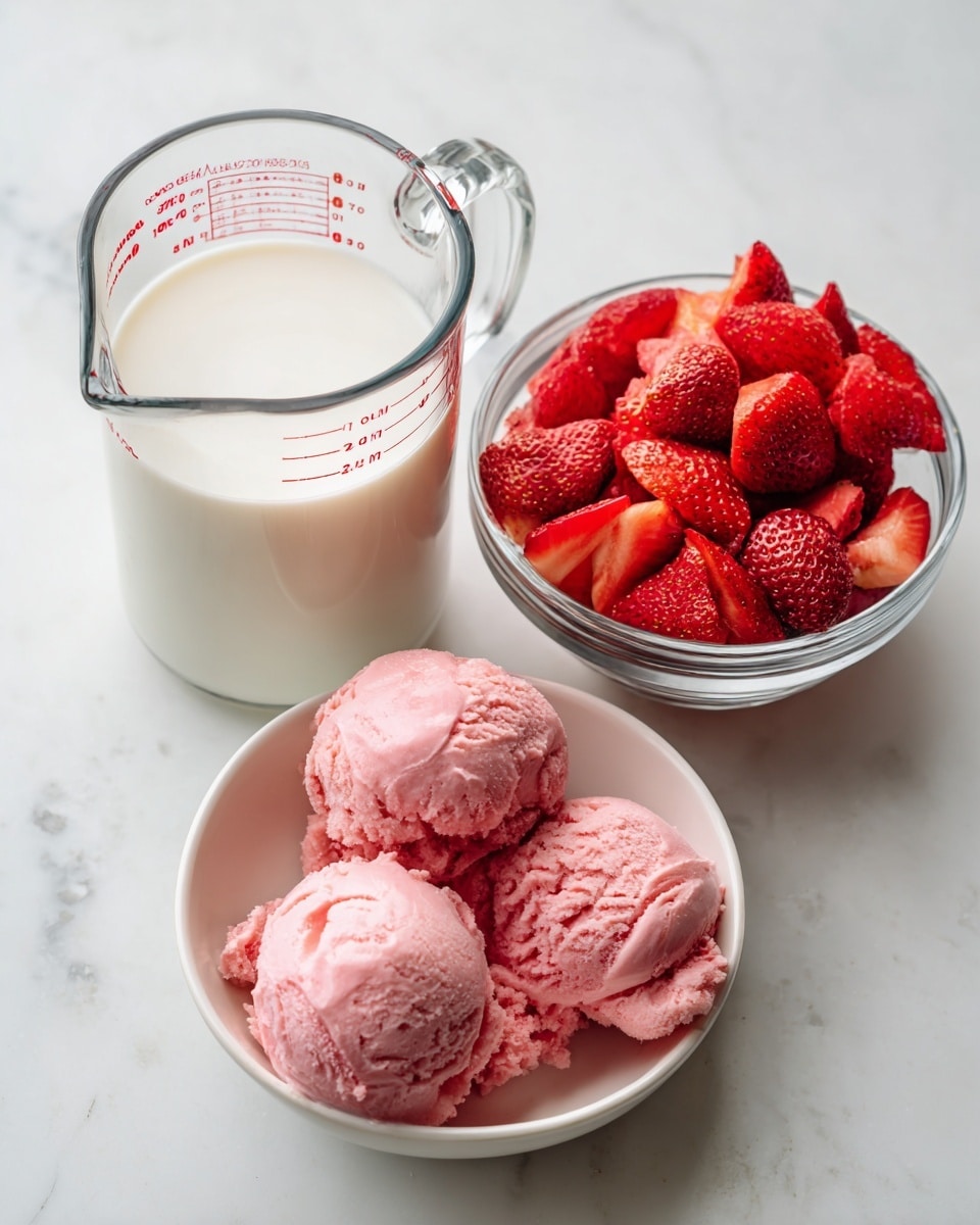 The image shows three separate containers placed on a white marbled surface. On the left, there is a glass measuring cup filled to the top with white milk. On the right, a clear glass bowl holds bright red strawberry pieces, cut into halves and quarters. In the front, a round white bowl contains scoops of pink ice cream with a smooth, creamy texture. The arrangement highlights the fresh strawberries and the creamy ice cream with milk beside them, all on a clean surface photo taken with an iphone --ar 4:5 --v 7