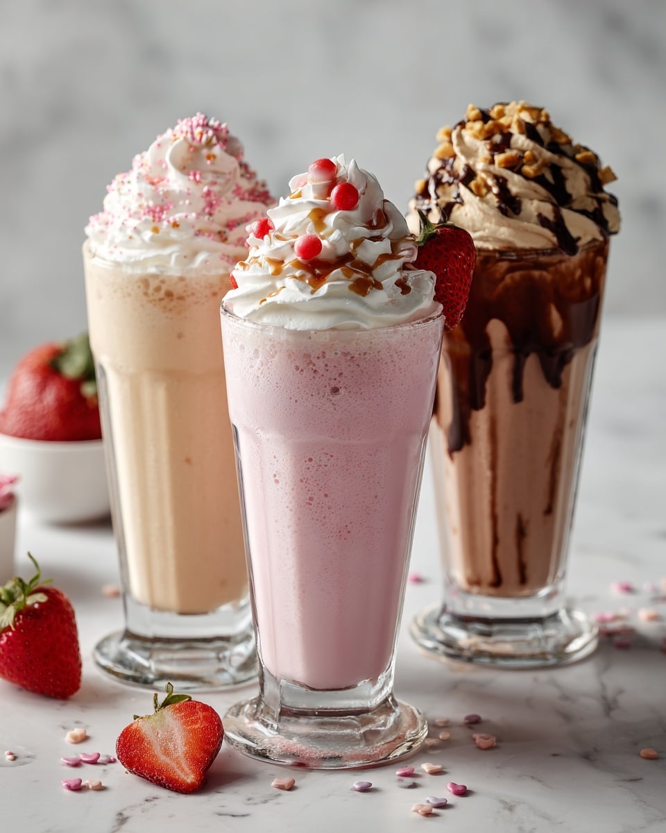 Three tall clear glasses filled with thick milkshakes sit on a white marbled surface. The front glass holds a pink strawberry milkshake with a layer of whipped cream swirled on top, decorated with small pink sugar balls and a half strawberry with green leaves on the side. Behind it to the left is a creamy white milkshake topped with a tall swirl of whipped cream covered with white, pink, and light pink heart and ball sprinkles around the whipped cream and glass rim. To the right is a chocolate milkshake with a light brown creamy top layer, crowned by a thick swirl of light chocolate whipped cream, dark chocolate drizzle flowing down its sides, and crushed peanuts sprinkled over the whipped cream. Photo taken with an iphone --ar 4:5 --v 7