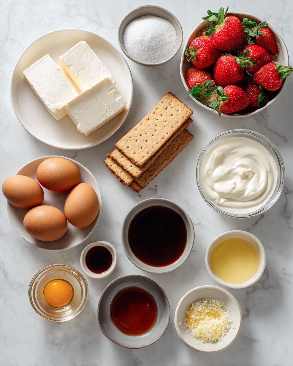 The image shows various ingredients neatly placed on a white marbled surface, including a white bowl with two large creamy white blocks of soft cheese, a small white bowl of white granulated sugar, and a small white bowl filled with fresh whole and halved strawberries with green stems. Nearby, there is a white plate with stacked light brown crackers, three brown eggs, a small white bowl of melted yellow butter, a clear glass bowl with thick white cream, a small gray bowl with a dark reddish-brown sauce, a small white bowl with dark brown vanilla extract, another small white bowl with light yellow liquid, and two small white bowls with finely grated yellow and white zest. photo taken with an iphone --ar 4:5 --v 7
