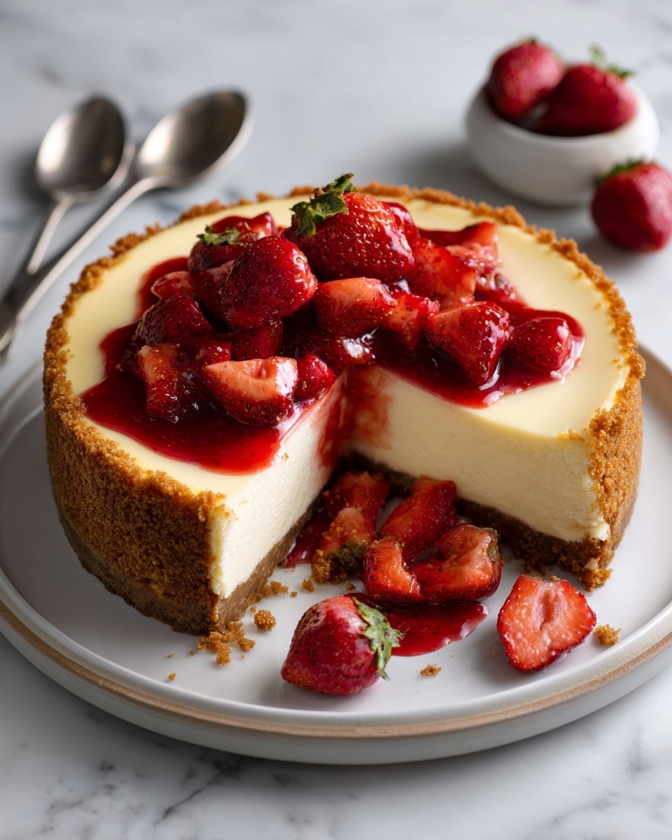 A round cheesecake with a thick golden brown crumb crust forms the outer layer, holding a smooth pale yellow cream cheese filling in the middle; on top is a glossy red strawberry sauce layered with several sliced fresh strawberries that show their bright red skins and lighter inner flesh, all sitting on a white plate with a slightly raised edge, placed on a white marbled surface with scattered whole and halved strawberries and a bowl of strawberry sauce nearby, along with two vintage silver forks on the right side photo taken with an iphone --ar 4:5 --v 7