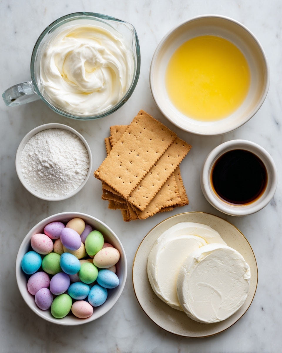 The image shows a flat lay of various ingredients on a white marbled surface. Starting from the top left, there is a clear glass measuring cup filled with white cream. To its right, a white ceramic bowl contains melted yellow butter. Next to the butter, a group of light brown rectangular graham crackers is spread out, overlapping each other. Below the crackers, a white bowl is filled with small, colorful candy eggs in pastel shades of pink, blue, green, yellow, and purple. To the bottom left, a round bowl holds white powdered sugar. Finally, on the bottom right, a white plate with a gold rim holds two large rounds of white cream cheese next to a small white cup filled with dark vanilla extract. Photo taken with an iphone --ar 4:5 --v 7