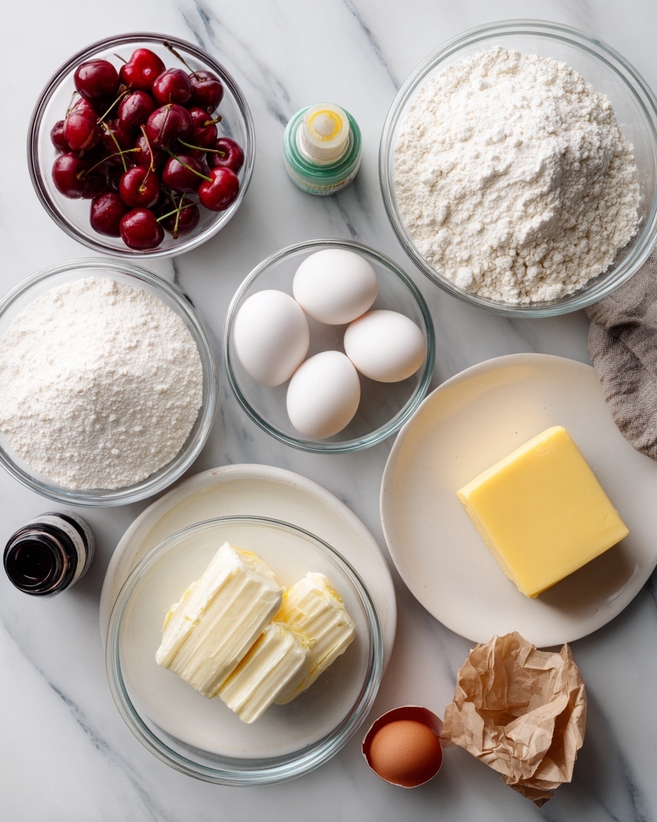 On a white marbled surface, there are various clear glass bowls and a white plate arranged neatly. The clear bowls hold white granulated sugar, white flour, a white powdery ingredient, and two white eggs. A small glass bowl contains bright red cherries, while a white plate displays a yellow stick of butter and a white cream part beside it. There is a small dark bottle and a small bottle of green food coloring, along with a crumpled brown paper packet. The colors are mostly white with pops of red, yellow, and green. photo taken with an iphone --ar 4:5 --v 7