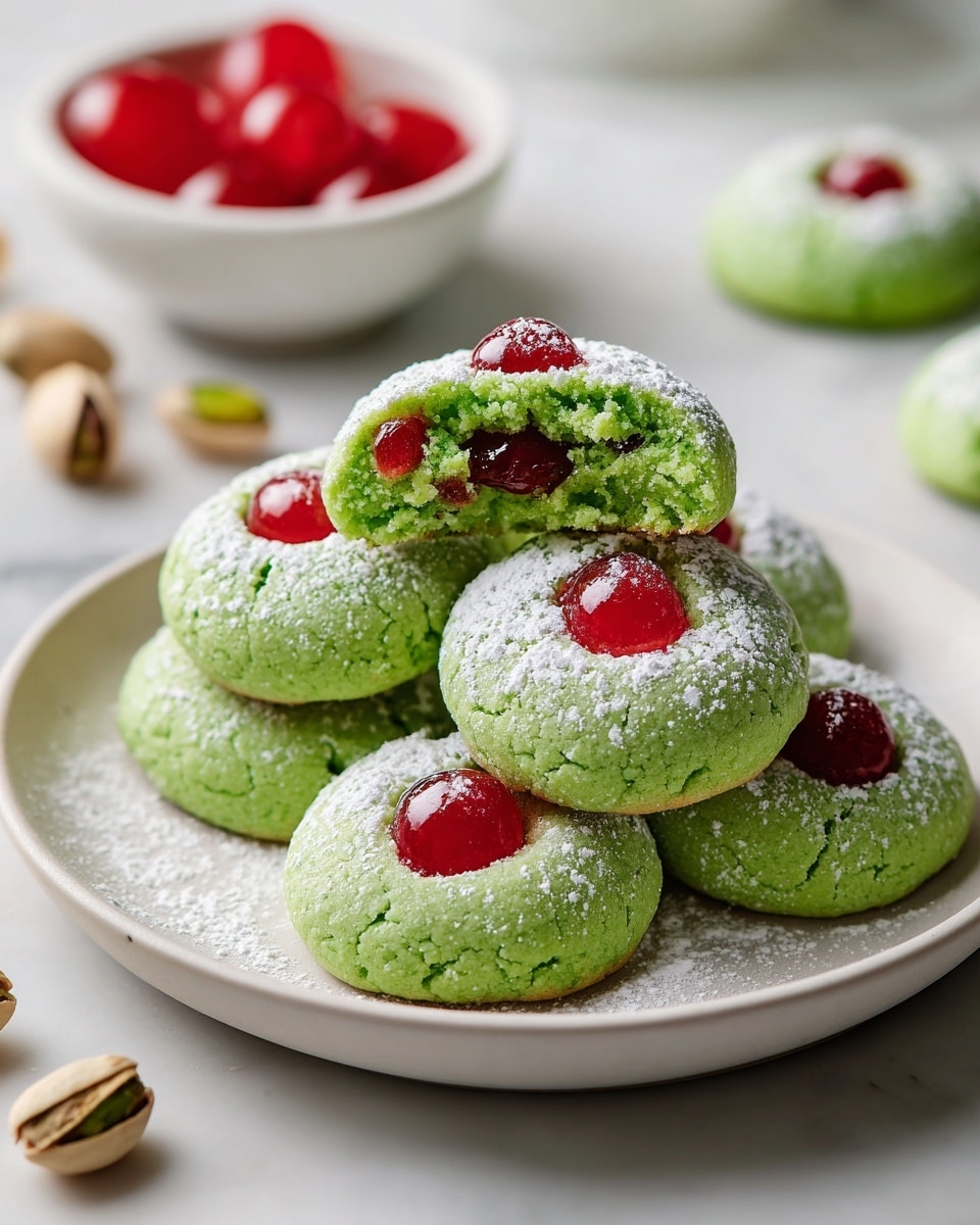 A white plate holds a pile of round, bright green cookies with a crumbly texture. Each cookie has three to four small glossy red cherry pieces pressed into the top and is dusted with light white powdered sugar. One cookie on top is broken in half, showing a bright green soft inside. The plate is set on a white marbled surface along with scattered pistachio nuts and a bowl of shiny red cherries nearby. Photo taken with an iphone --ar 4:5 --v 7